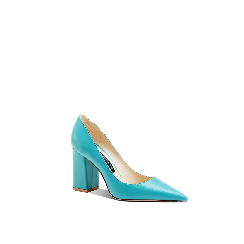 

Lake Blue Genuine Leather French Pointed Toe Chunky Heel Women Dress Shoes Spring 2025