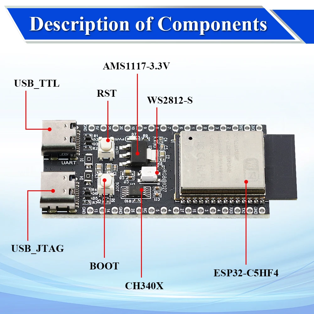 Picture 7: ESP32-C5 Development Board Dual-frequency 2.4G and 5GHz WiFi Module ESP32C5-DevKitC-1 N4 4MB Flash CH340 CH343 32PIN TYPE-C