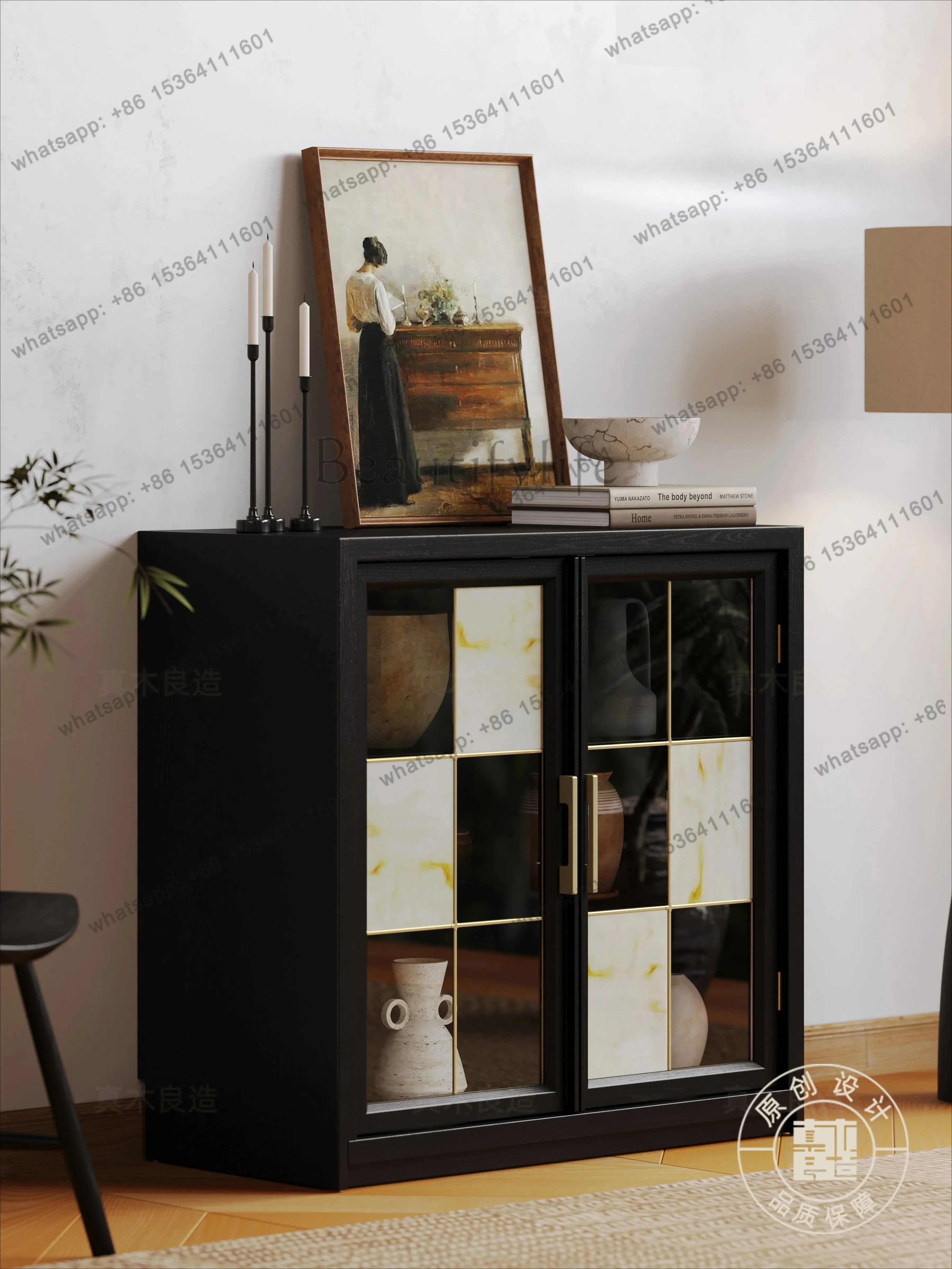 zj Module medieval retro bookcase solid wood side cabinet storage living room small apartment household storage