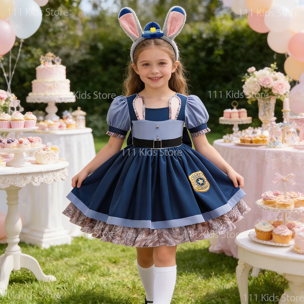 Kids Movie Rabbit Police Cosplay Costume Children Birthday Gift Perform Dress Girls Judy Same Princess Dress with Socks Headband