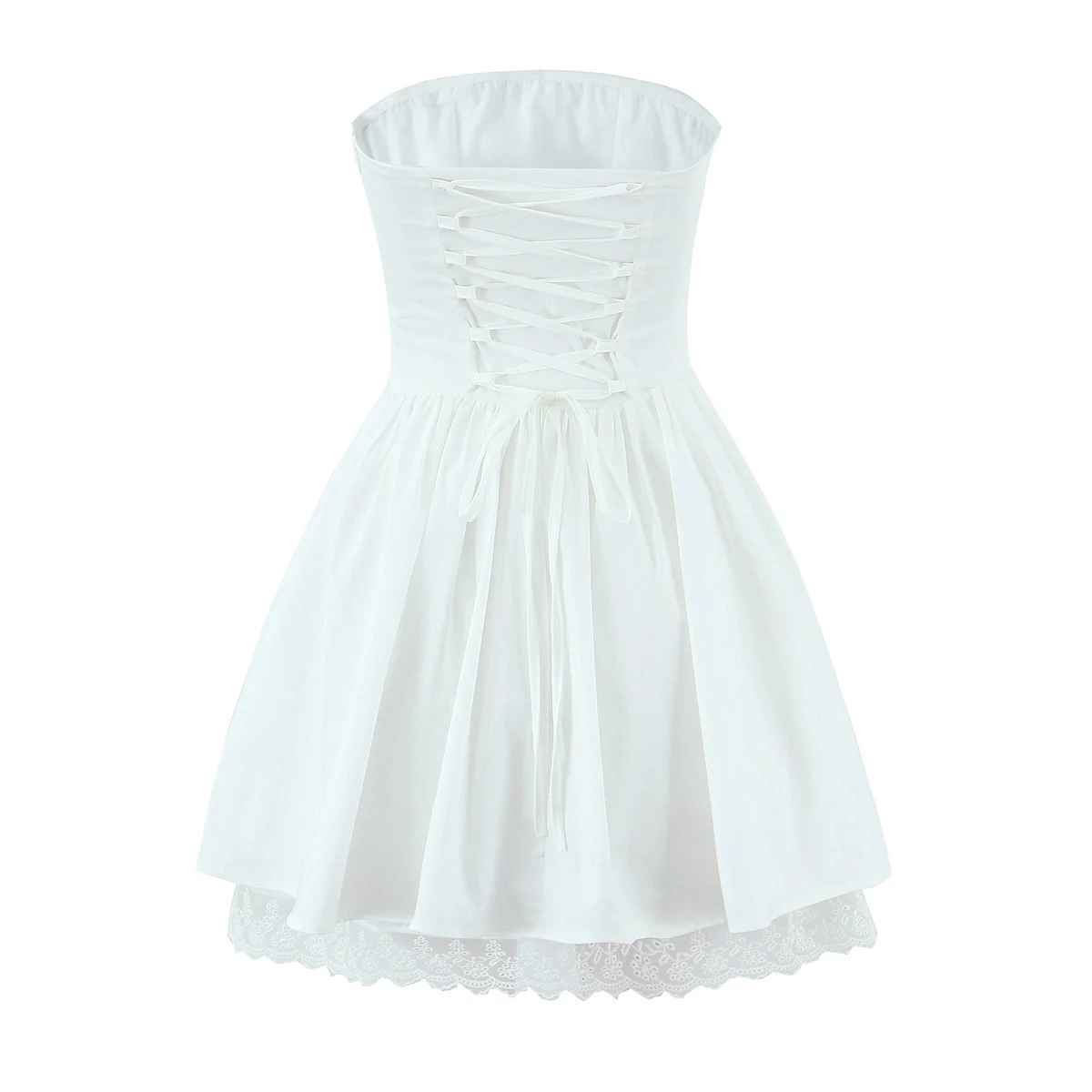 2025 Sexy blanc épissé dentelle croix laçage dos Corset Style robe sans bretelles femmes robe de bal Swing Tube robes courtes