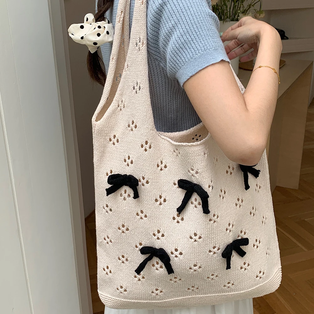 Knitted Handbags Women's Large Capacity Tote Bag Ladies Shoulder Bags Aesthetic Crochet Bow Underarm Bags Casual Woven Beach Bag