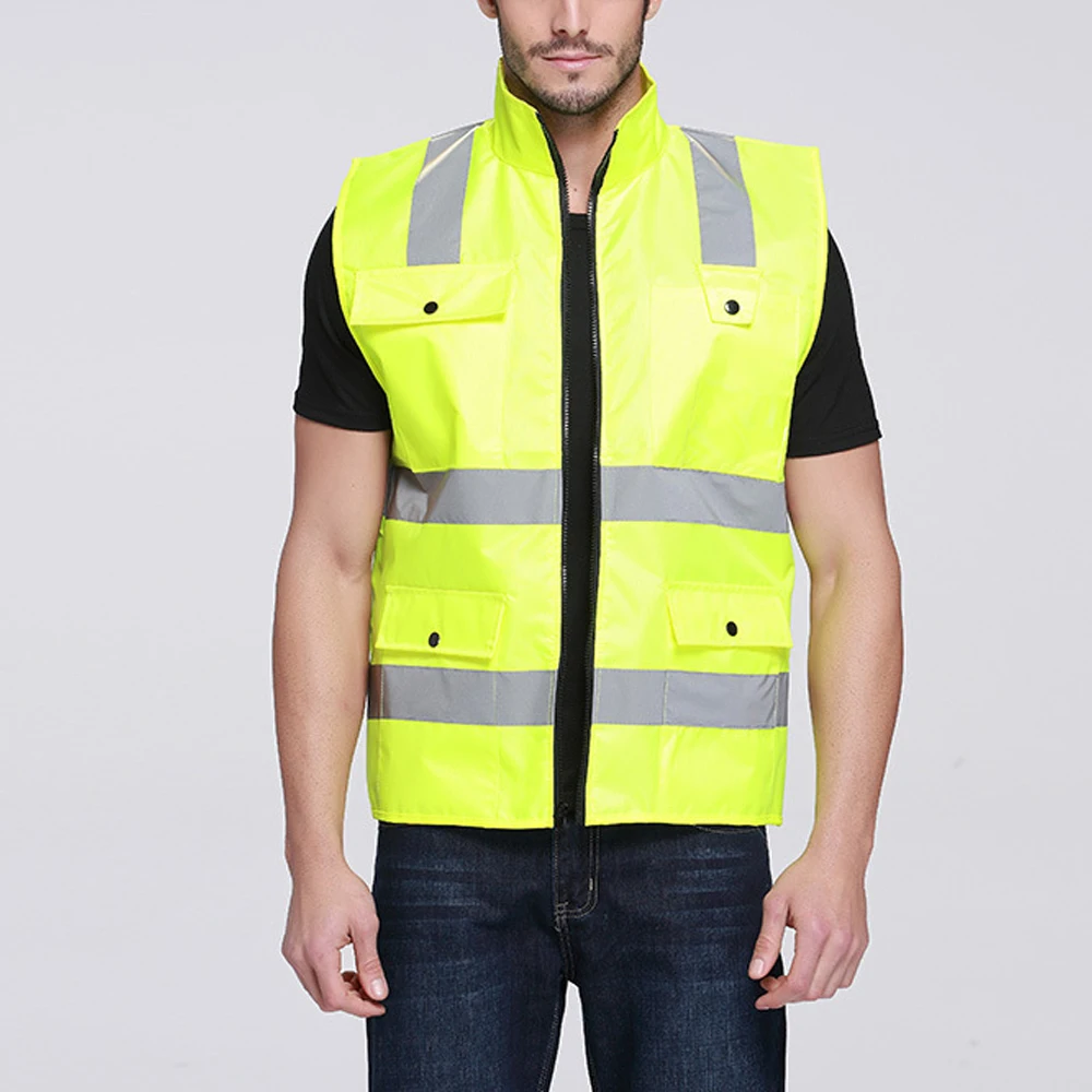 Hi Vis-chaleco reflectante con múltiples bolsillos para hombre, ropa de trabajo, cuello alto, chaqueta de seguridad para ciclismo y motocicleta