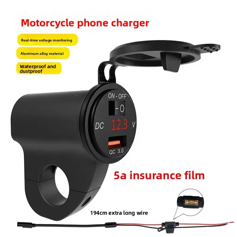 Motorcycle Aluminum Alloy Waterproof Mobile Phone Charger Digital Display Voltage QC3.0 Car Usb Fast Charging Power-off Switch