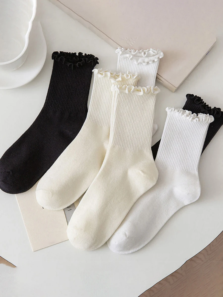 5 pair /Lot Socks for Women Ruffle Middle Tube Ankle Short Breathable Black White set Spring Autumn