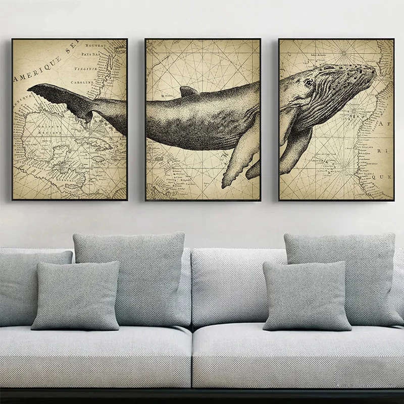 Vintage Marine Animals 3 Pieces Blue Whale Head Body Tail World Map Poster Canvas Painting Wall Art Pictures Home Room Decor