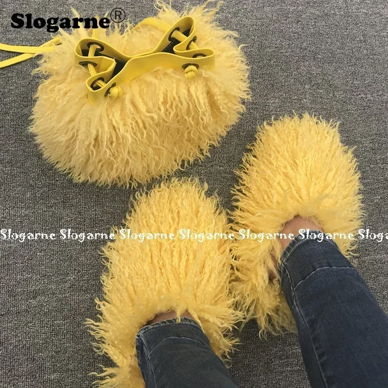 Women\'s Fashion Sets Fur Slippers Fur Handbags Woman Luxury Faux Fur Set Slides Furry Bag Purse Wallet Indoor Shoes Plus Size 49