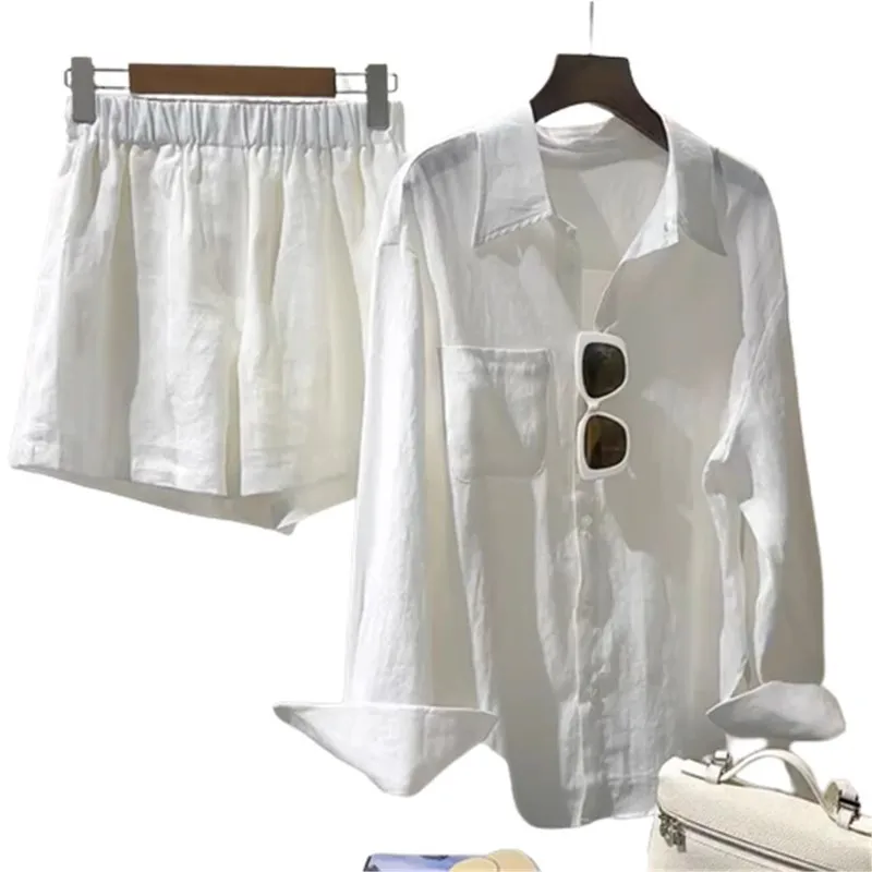 White Solid Color Versatile  Shirts And Shorts Two Piece Set Pocket Long Sleeve Blouse + Trouser Summer Women Outfits 2024 New