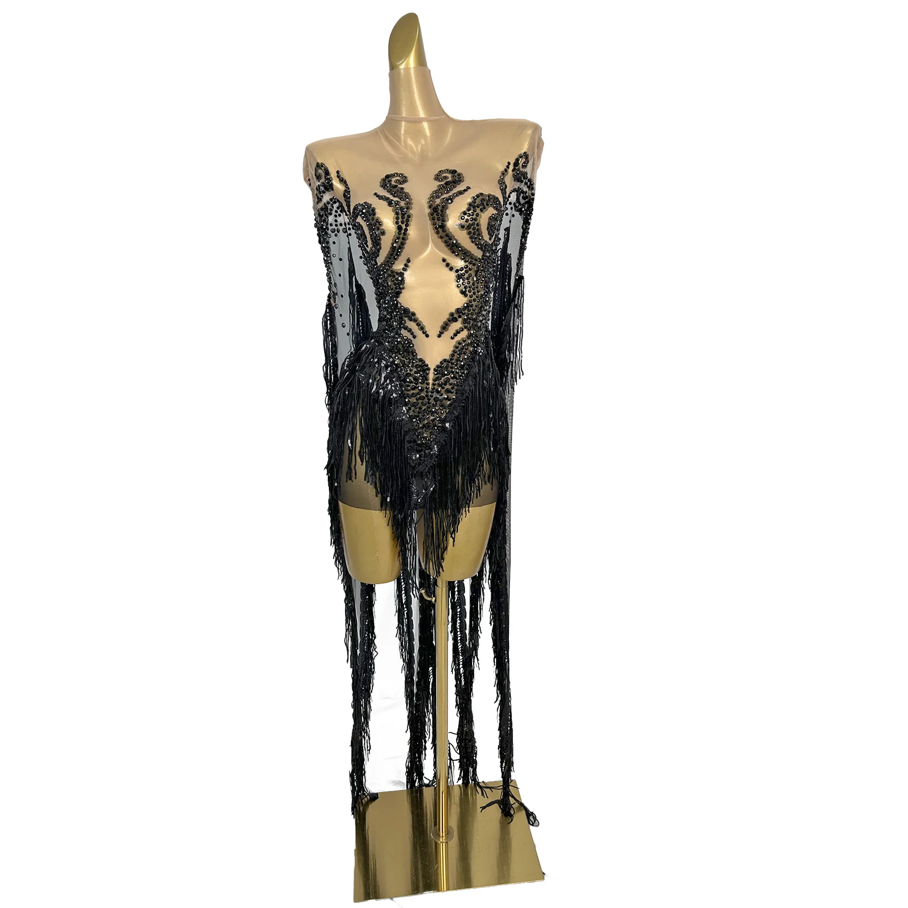 Wuyu Sexy Perspective Mesh Dress Black Rhinestone Tassel Irregular Dress Bar Stage Performance Dress Birthday Cocktail Gowns
