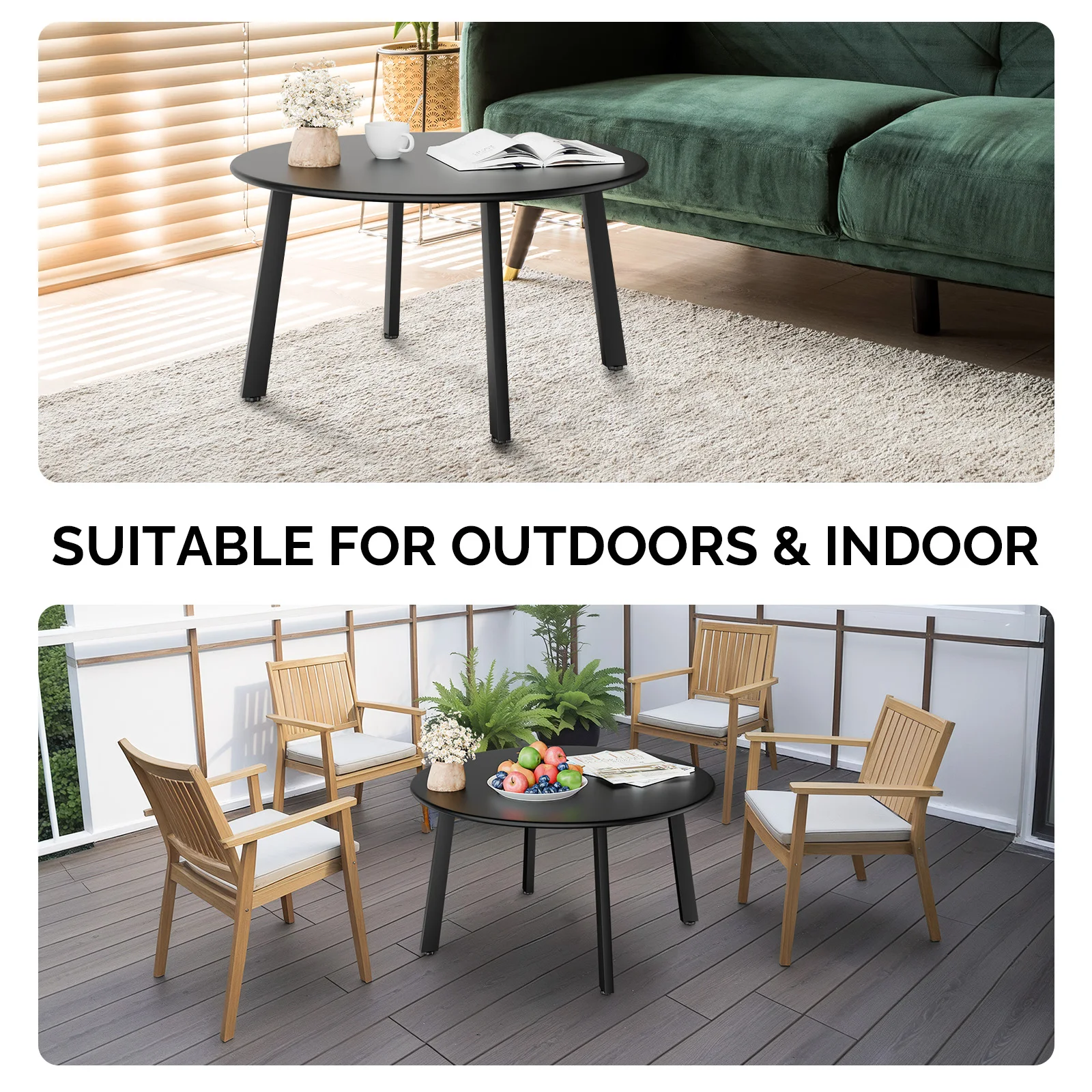 طاولة قهوة للفناء، طاولة مستديرة خارجية من الفولاذ المعدني، طاولة جانبية للفناء من الفولاذ المقاوم للطقس، باللون الأسود