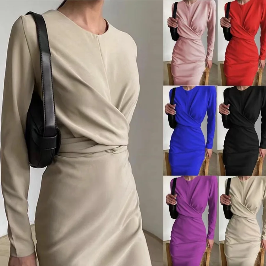 

【New style】2026 European and American temperament long-sleeved dress for women's autumn new style French retro waist waist slim
