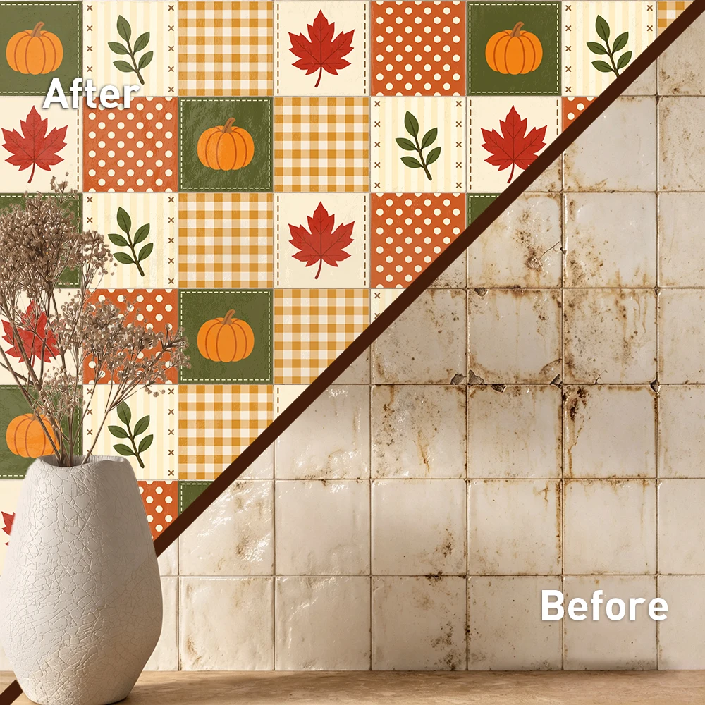 Autumn Pumpkin Tile Stickers 10Pcs Self Adhesive Peel and Stick Decor, Harvest Pattern Waterproof Tile Decals Home Wall Upgrade