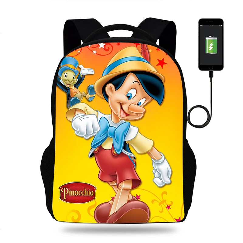 

Disney Cartoon Pinocchio Backpack Boys Girls School Bag Teenager Book Bags Men Women Rucksack USB Travel Knapsack Mochila