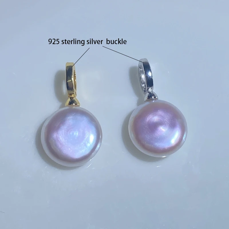 5A Superbright light Natural Freshwater Baroque button Pearl Pendant S925 sterling silver buckle necklace Pendant 13-14MM PBC