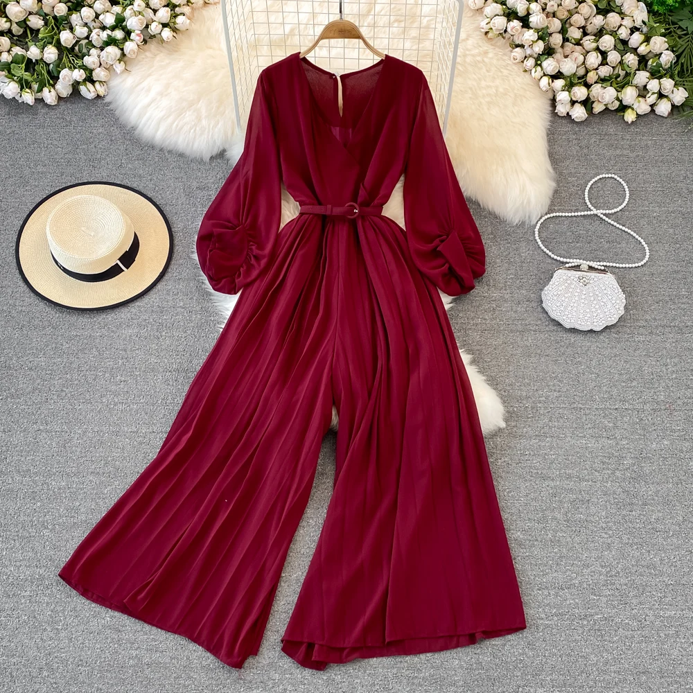 Spring Fashion High Waist Slimming V-Neck Dress Pant Long Sleeve Pleated Wide Leg Pants One-Piece Suit Office Commute Style
