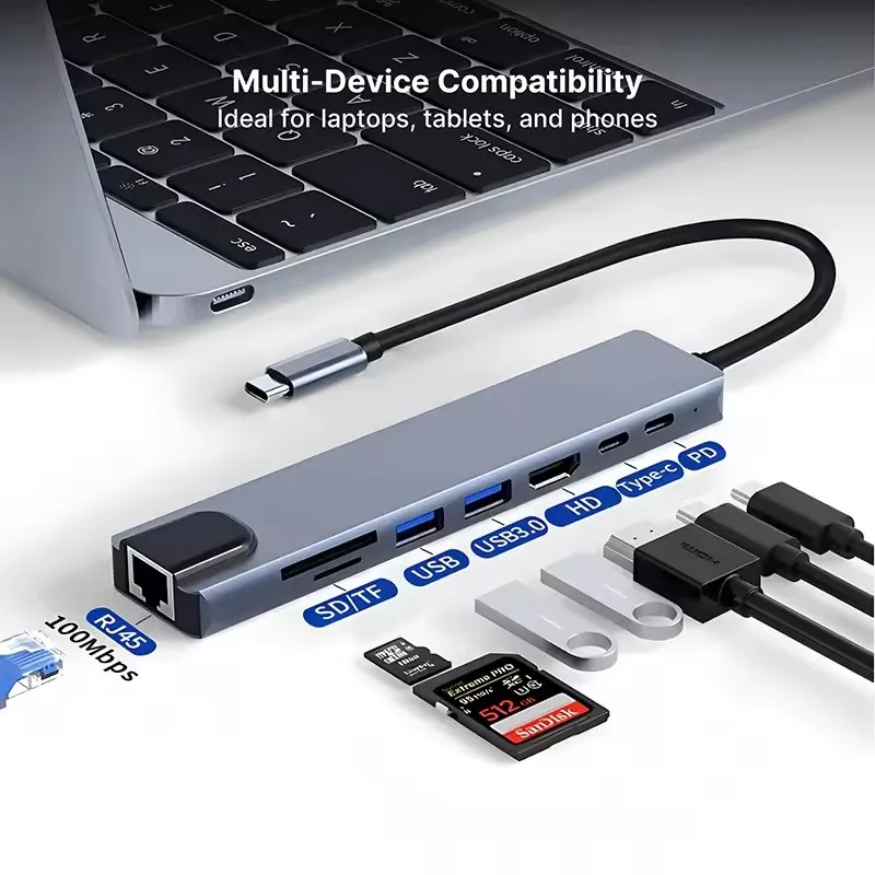 8 in 1 USB C Docking Station Type-C To HDMI-Compatibility HUB Multi port Splitter PD Charging USB Adapter For Laptop
