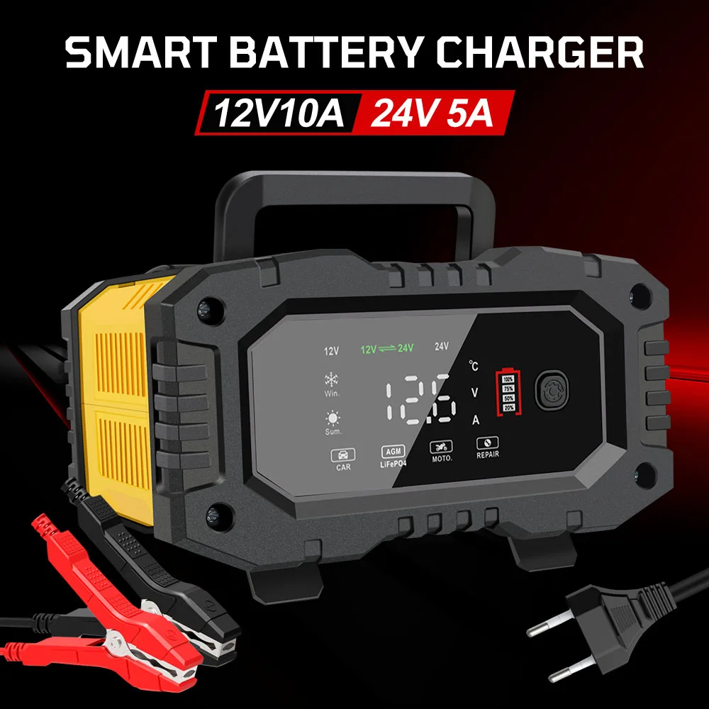 

For AGM GEL SLA Lead-Acid LiFePO4 Car Motorcycle Battery Charger Handheld 12V-24V 7-stage Smart Battey Charger