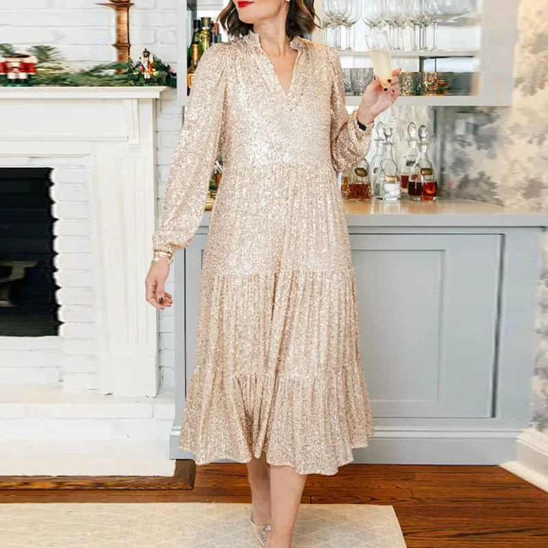 Champagne Sequins Shiny Pleated Long Dress Women Spring V-neck Loose Boho Party Dress Autumn Long Sleeve A-Line Maxi Dress Mujer