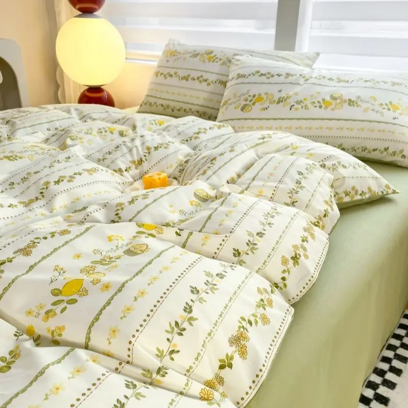 Green Floral Bedding Set Ins Fashion Twin Full Queen Size Duvet Cover No Filler Flat Sheet Pillowcase Girl Home Totel Bed Linens