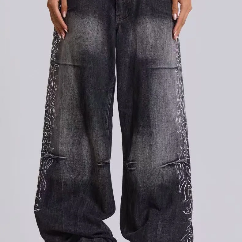 

IAMUBABA London Millennium Hot Girl Y2K Flame Rhinestone Низкая талия Широкие джинсы Street Sle hine Вышивка Свободный крой