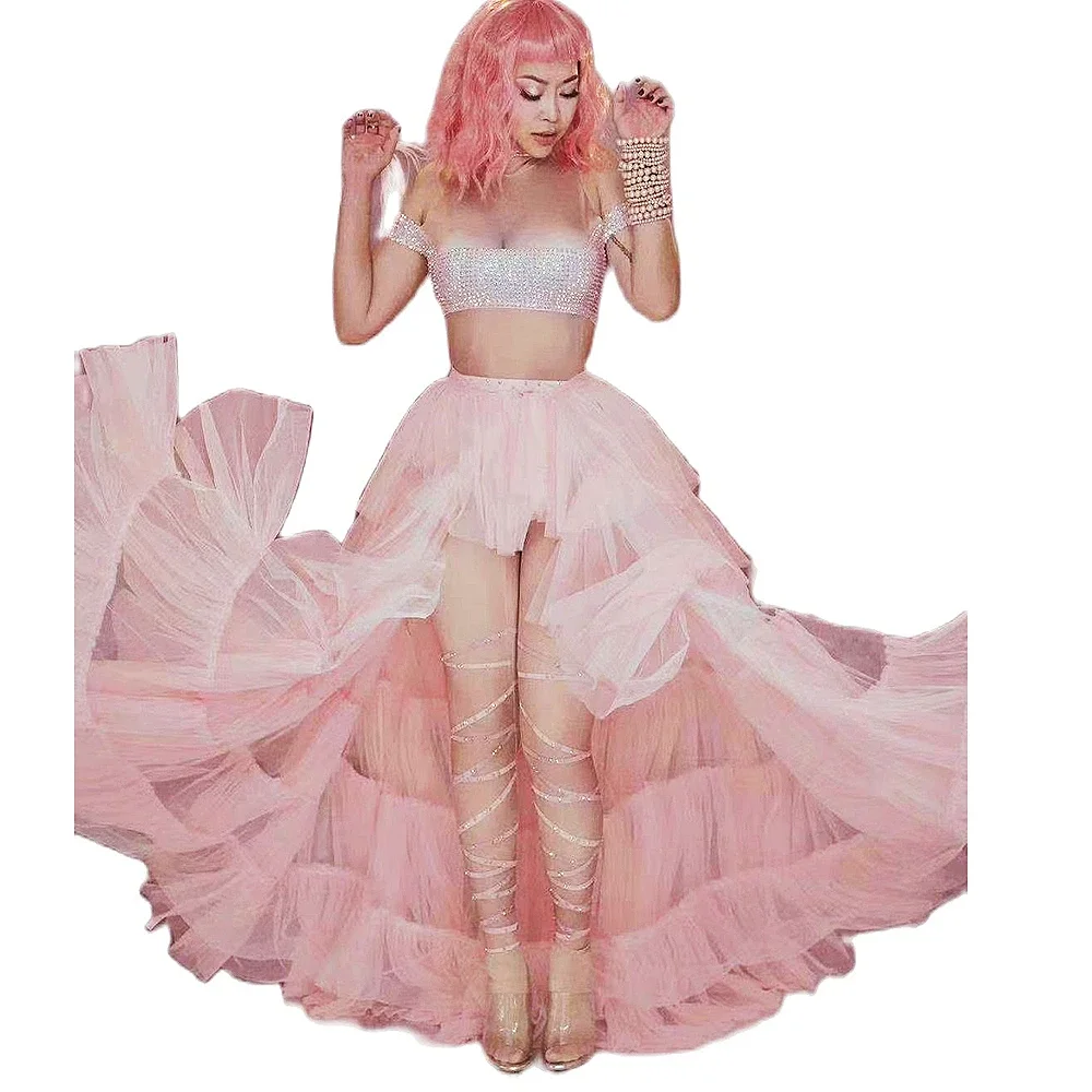 Shining Diamonds Strakke Stretch Mesh Netto Vrouwen Body Roze Rok Tweedelige Set Verjaardagsfeestje Outfit Zanger Dans Stadium Slijtage