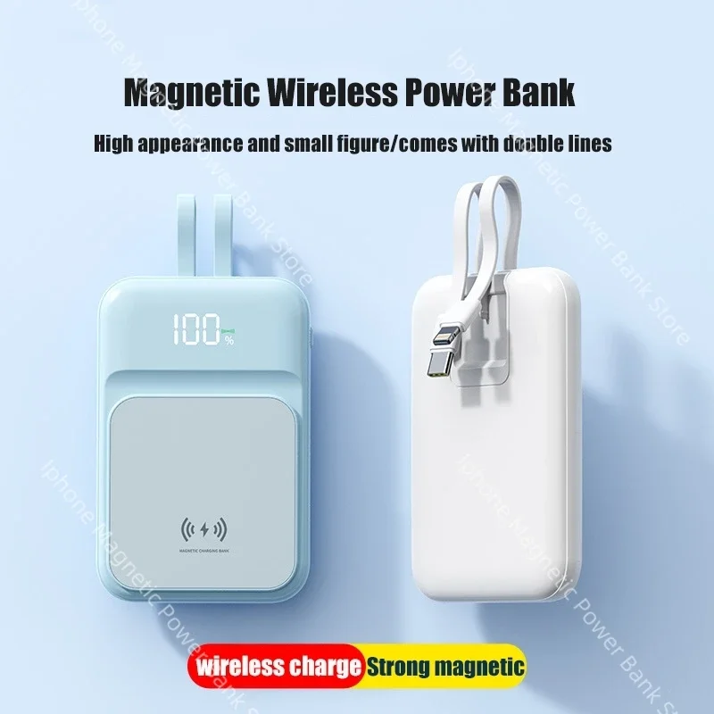 Power Bank Magnetik Pengisian Daya Nirkabel Super Cepat dengan Kabel Terintegrasi 30000mAh Power Bank Portabel Hadiah Lintas Batas
