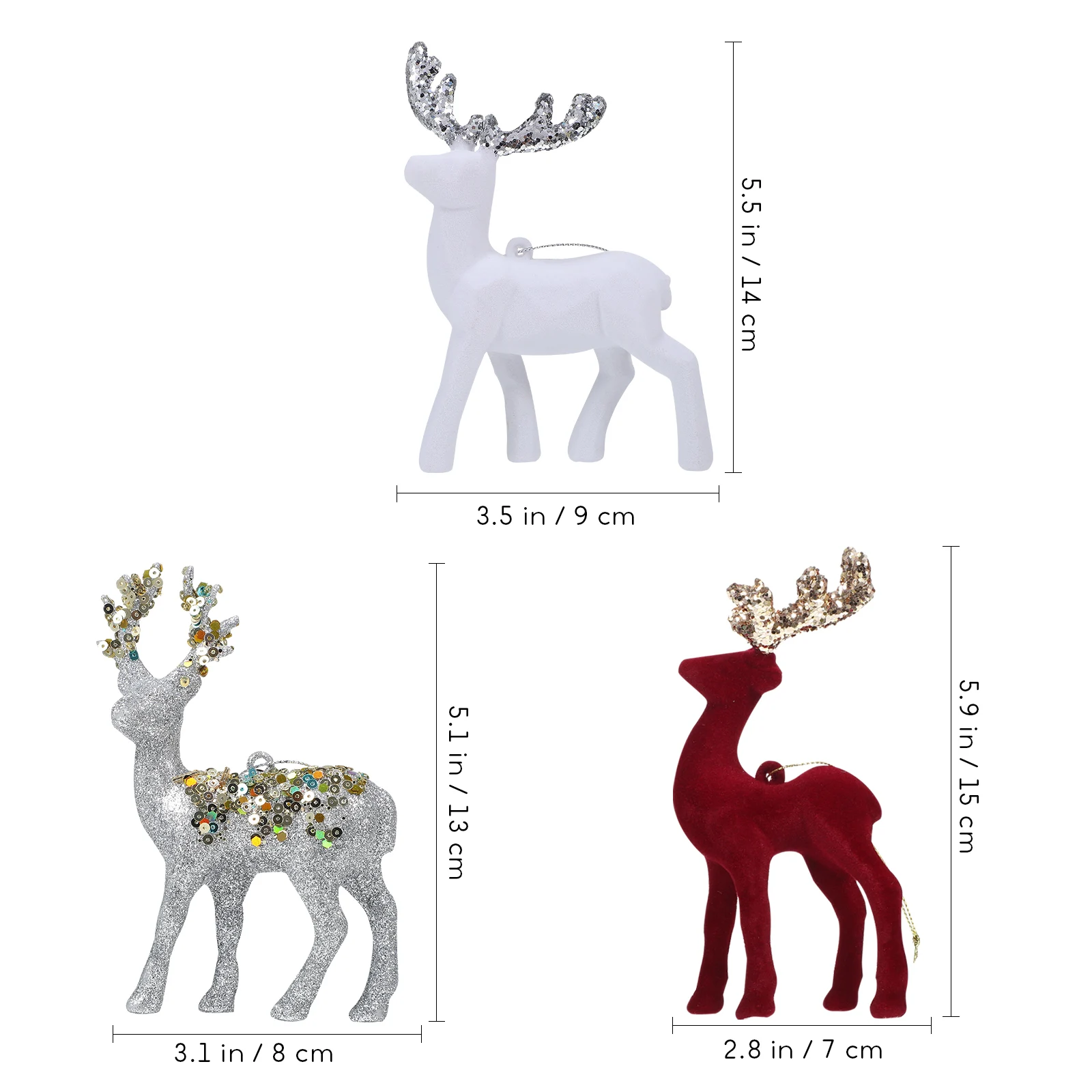 

3pcs Flocked Deer naments Miniature Figurines Red White Silver Christmas Decor Hanging Display Tree Tiny Statues Living Room