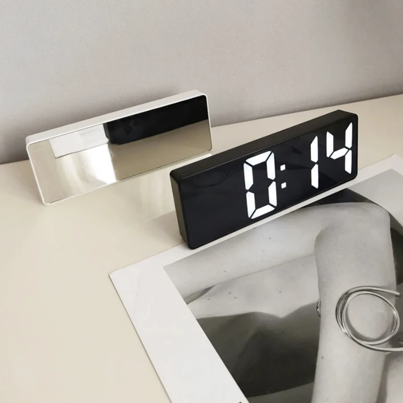 Modern Minimalist Silent Sound-Control Alarm Clock Black and White LED Mirror Clock Multifunctional Portable Timepiece