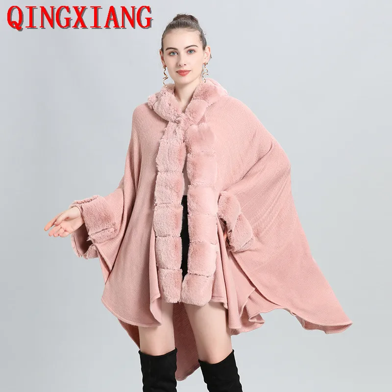 

2022 Women Winter Thick Long Poncho Outstreet Wear Loose Cloak Striped Faux Rabbit Fur Collar Cashmere Big Pendulum Capes Coat