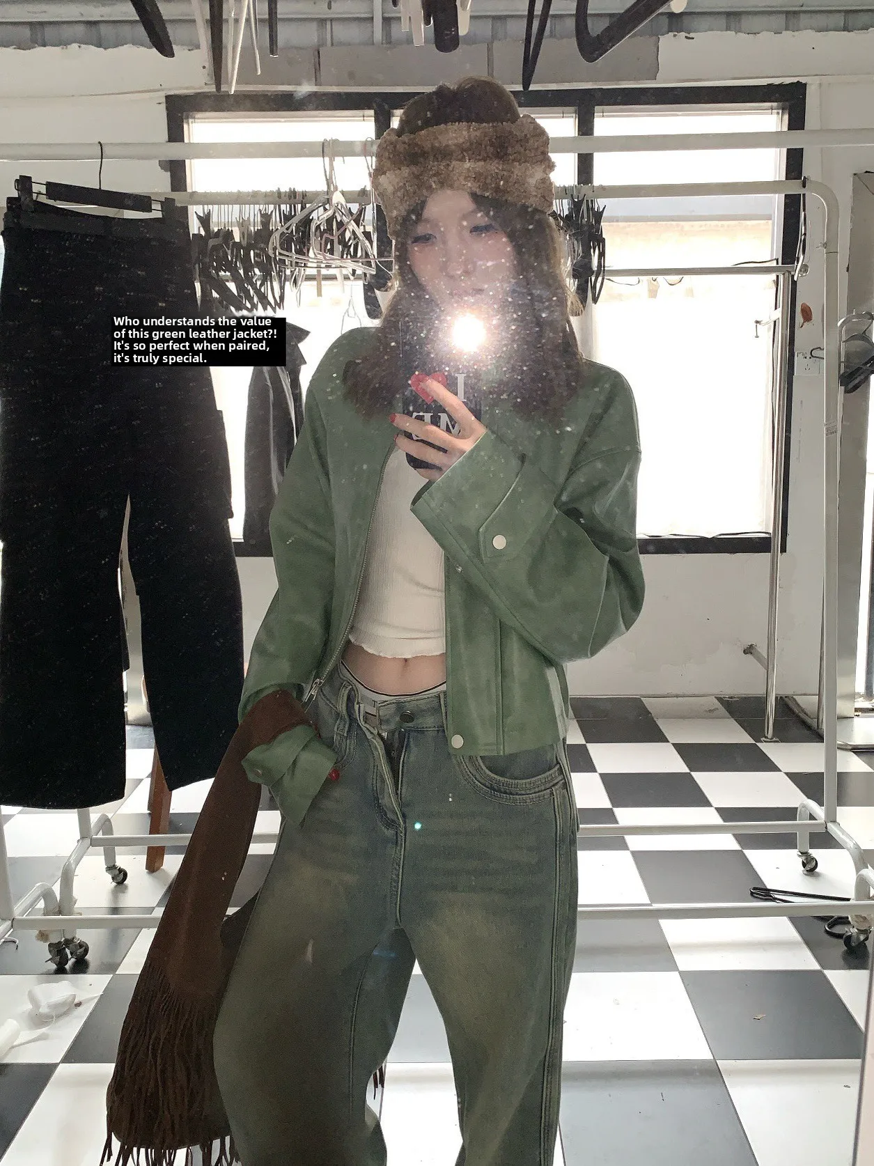 

Retro American Green PU Leather Jacket Short Outerwear Women's Autumn Winter High-End Feeling Motorcycle Clothes Top