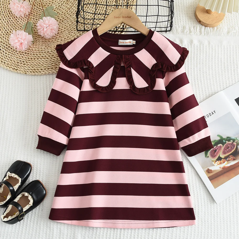 Girls'Clothing Christmas New Year Children's Dress Wine Red Striped Ruffled Collar Long Sleeved Party Dress Christmas Gift Dress