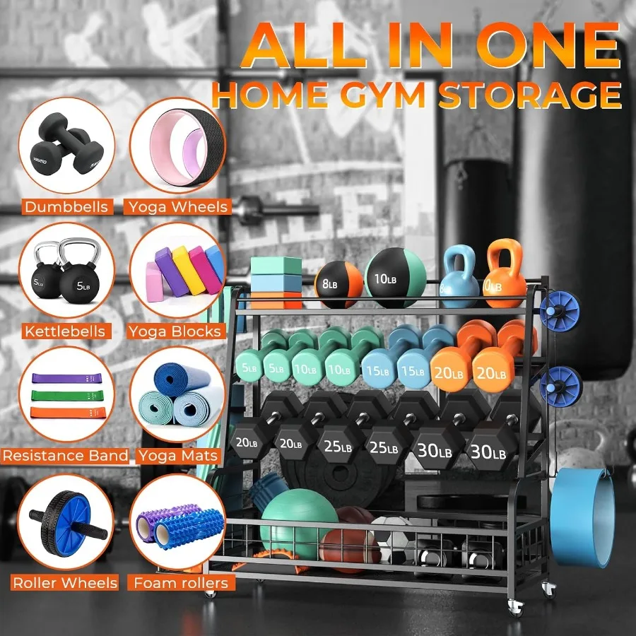 ชั้นวางดัมเบล - ชั้นวางน้ำหนักปรับระดับได้ 4 ชั้น สำหรับดัมเบล ชั้นวางเก็บอุปกรณ์ออกกำลังกายที่บ้าน สำหรับเสื่อโยคะ ลูกกลิ้งโฟม และเคตเทิลเบล