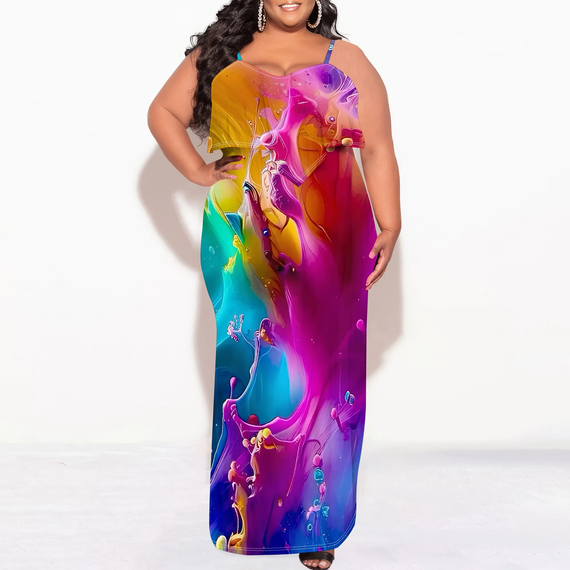 

Plus Size Womens Sexy Casual Dresses for Curvy Women 3D Printed halterneck dress Short Sleeve Loose Maxi Dress