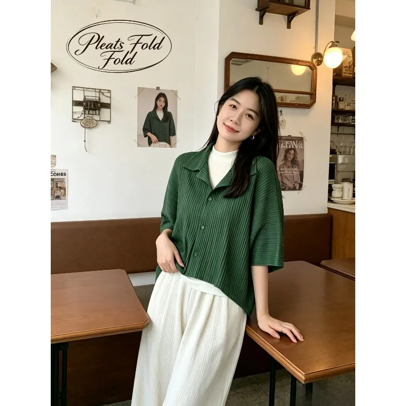Miyake Pleated 2026 Simple Fashion Solid Color Pleated Top Short Jacket Loose Casual Versatile Design Commuter Shirt for Women