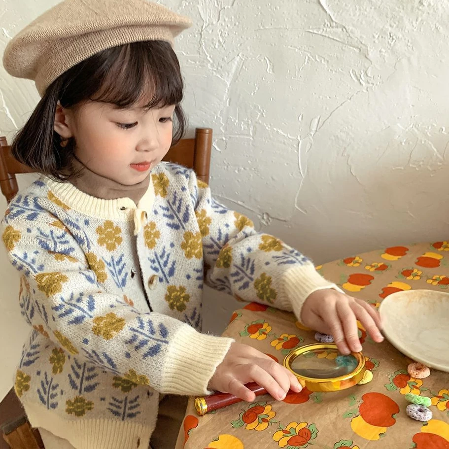 

Girls Floral Knitted Sweaters Spring Autumn New Cardigans Knitwear Cotton Clothes Kids Outwear Jacket Sweater Tops for 2-8Y