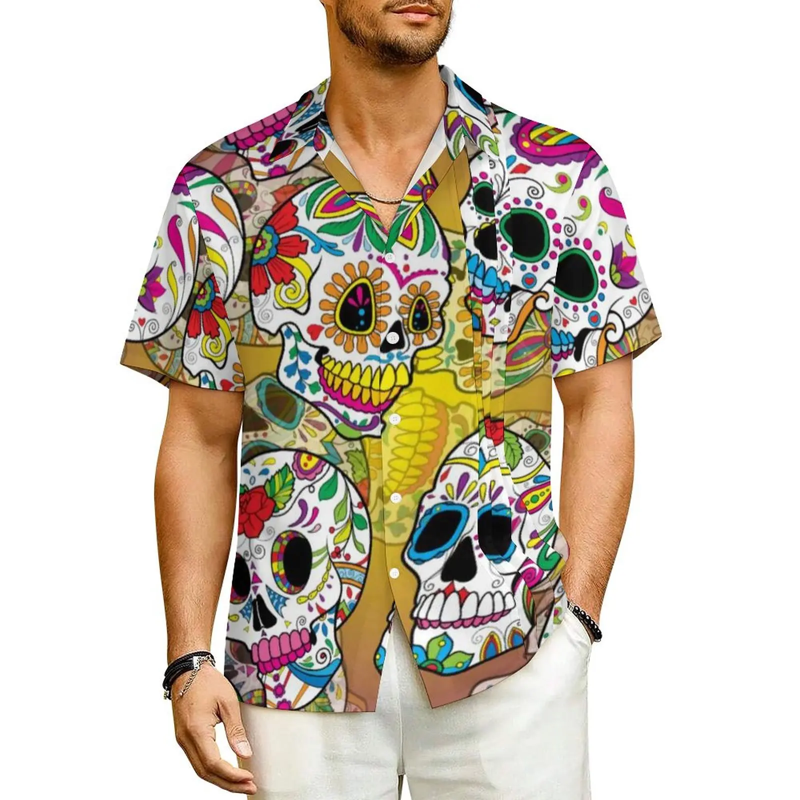 Skeleton Floral Print Beach Shirt Sugar Skulls Hawaiian Casual Shirts Men Retro Blouses Short-Sleeved Comfortable Custom Tops