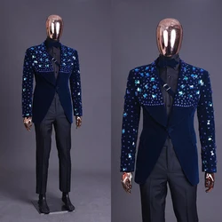 Costume de luxe pour hommes, 2 pièces, Blazer en velours, pantalon noir, un bouton, diamants perlés, brillant, marié, grande taille