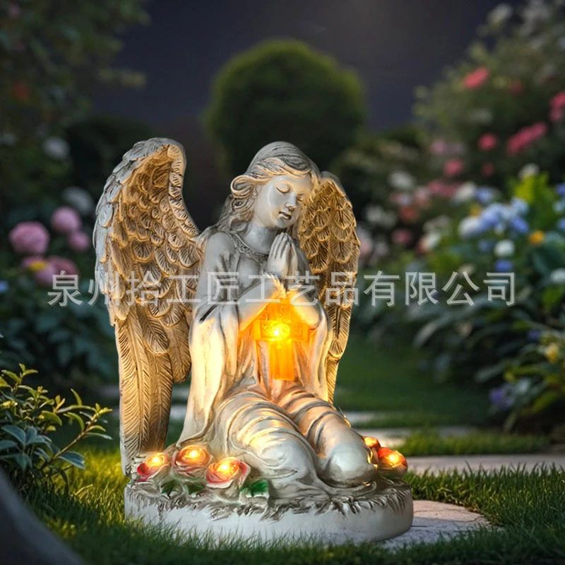 Outdoor Solar Light Resin Craft Ornament Angel Blessing Rose Lamp Garden Park Decorative Craft