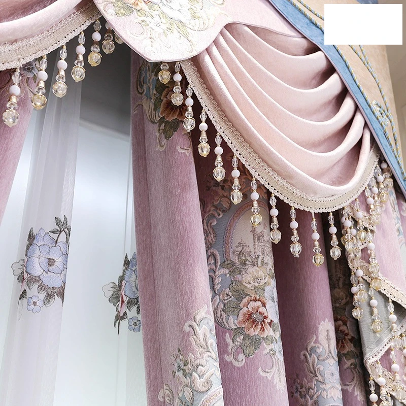 New Pink Purple European Relief Jacquard Chenille Window Screen Curtains for Living Room Bedroom French Window Balcony Custom