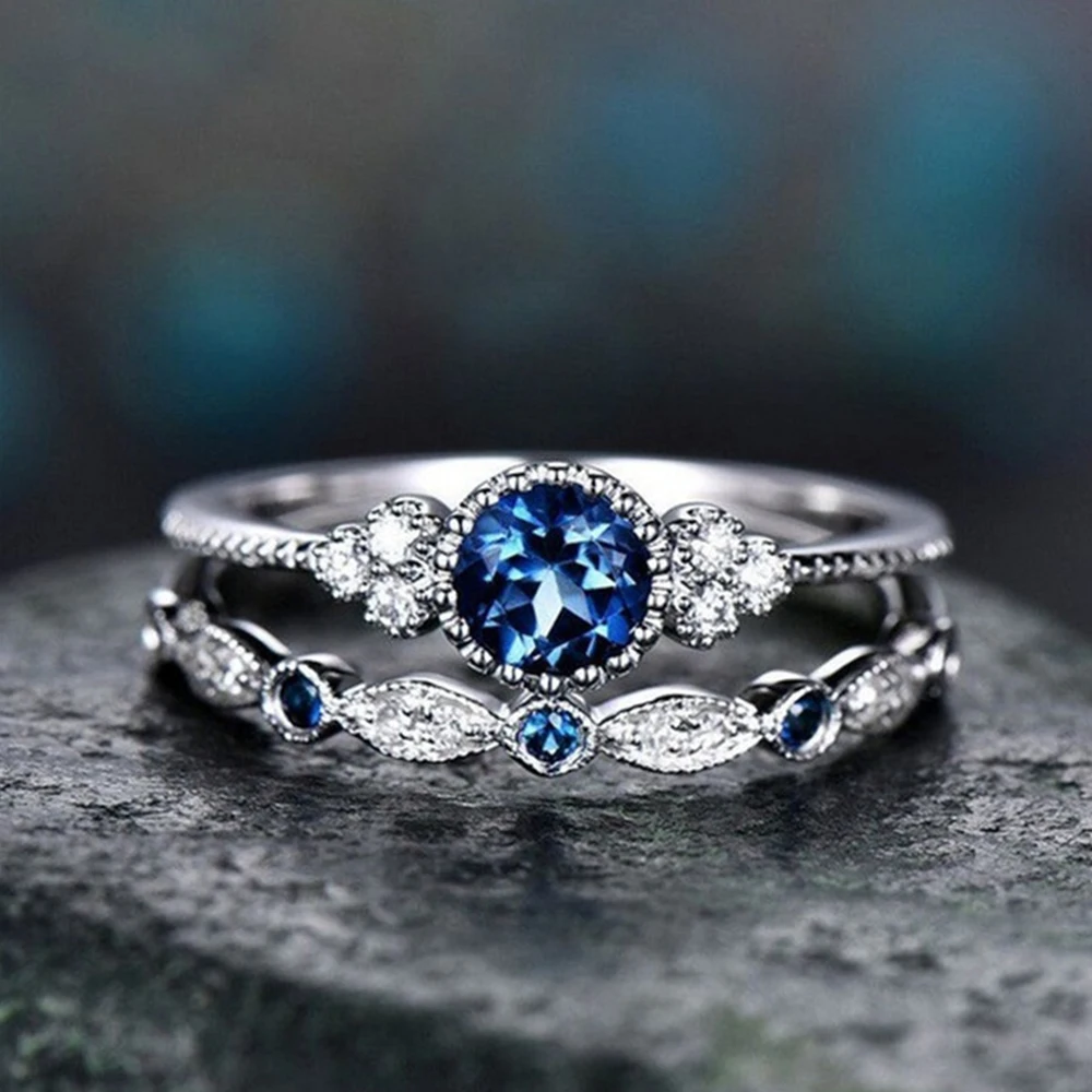 2 PCs Silver-Color Vintage Blue Zircon Ring For Women Fashion Classic Wedding Purple Pattern Ring Jewelry Set Gift