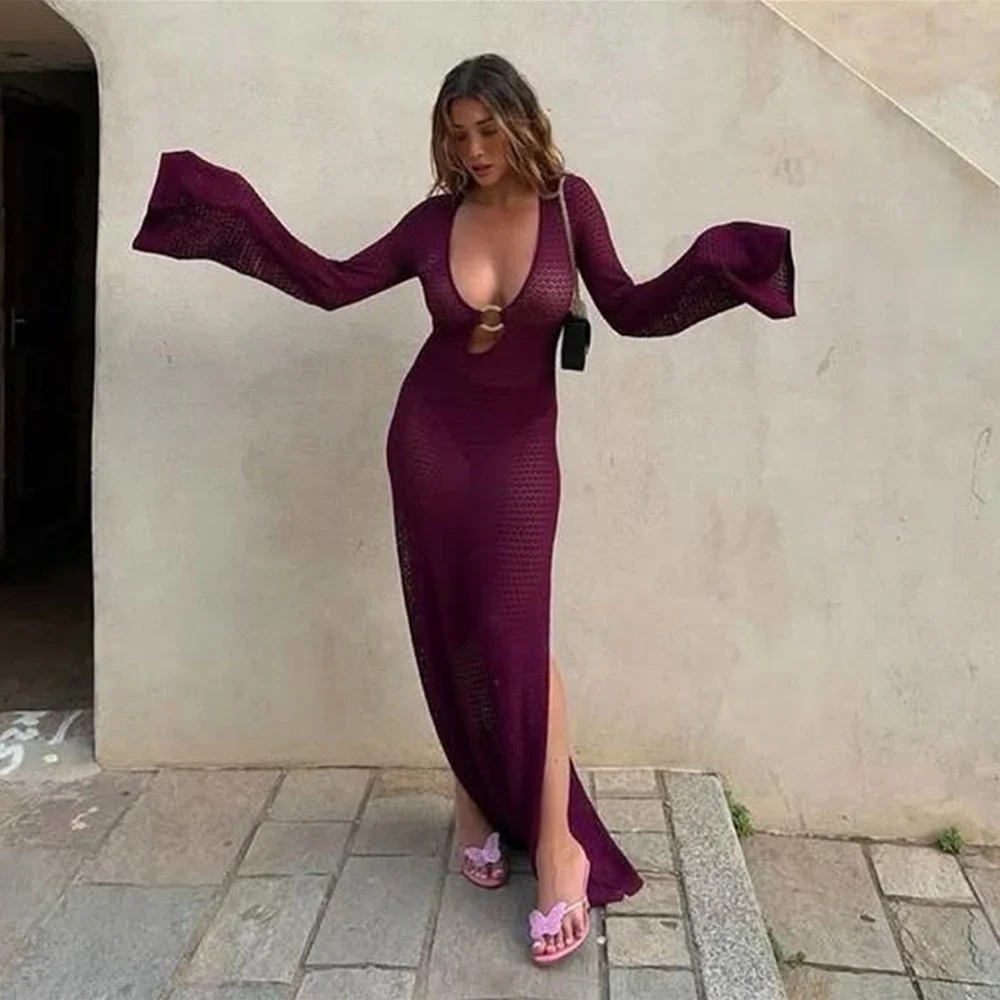 2025 Abito da spiaggia Copricostume da bagno Copricostume Abiti da spiaggia sexy per donna Abbigliamento da spiaggia Abito lungo lavorato a maglia scavato