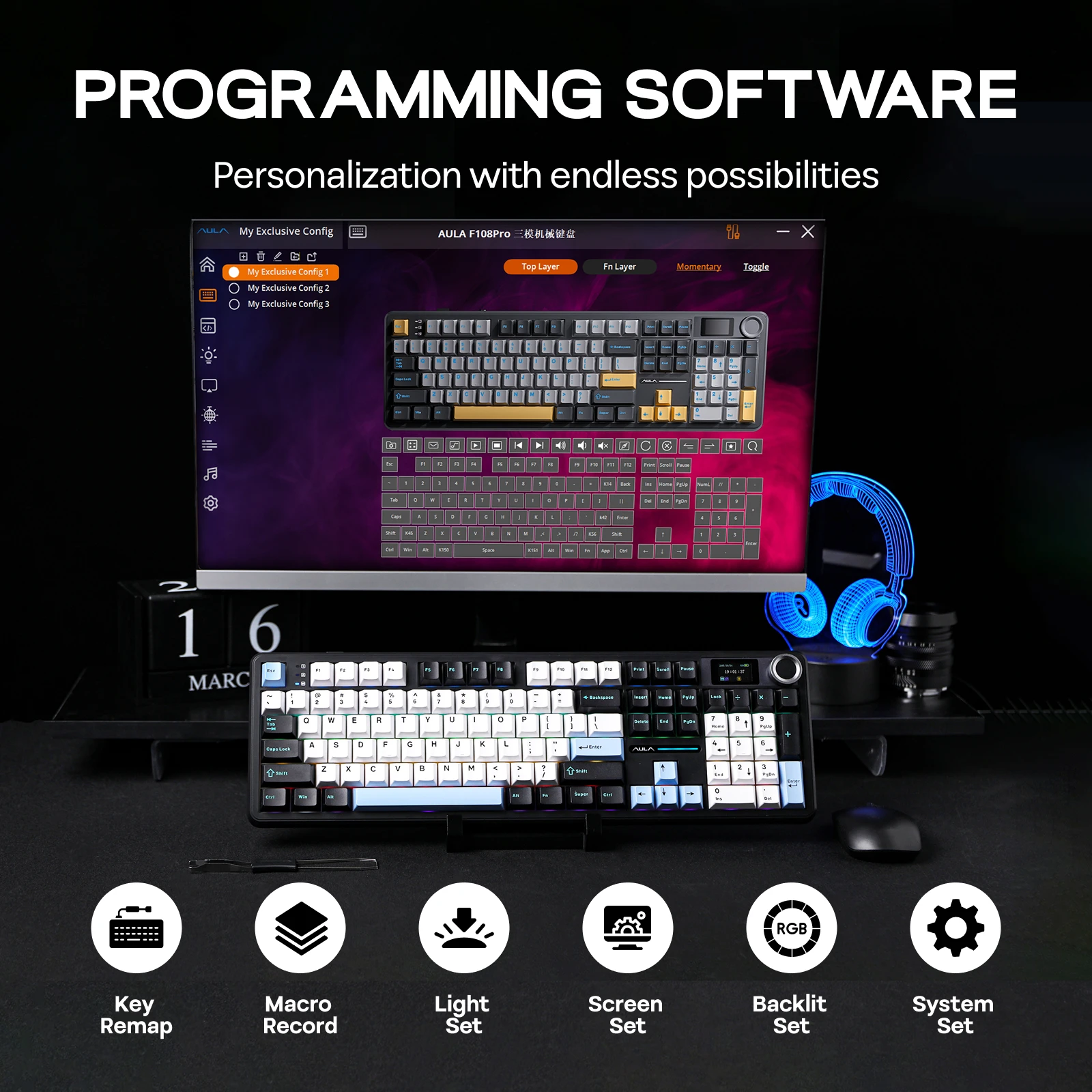 Custom EPOMAKER X AULA F108 PRO Full Size 100 ANSI Layout Hot Swap Wired 2.4G Bluetooth Wireless Mechanical Keyboard RGB Gift