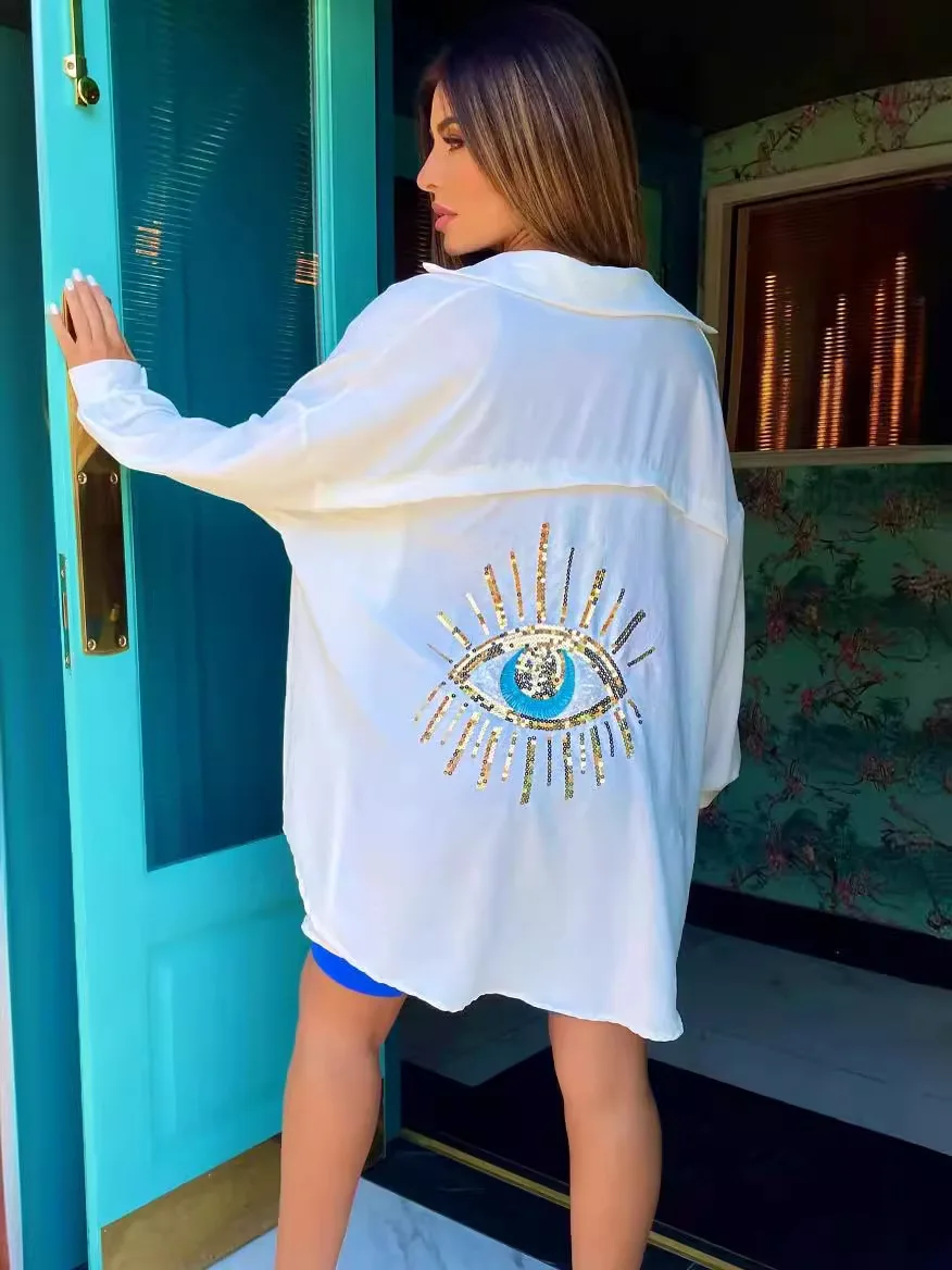 

Spring Summer New Beaded Shirts Fashion Women Evil Eye Sequin 2025 Vintage Turn-Down Collar Blouses Geometric Top Female Clothes