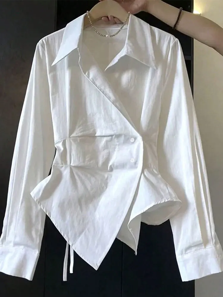 

Pop New Fashion Item Special White Irregular Button Hidden Belt Shirt Kpop Commuting Feminine Clothes Blouse Tops Party Woman Sh