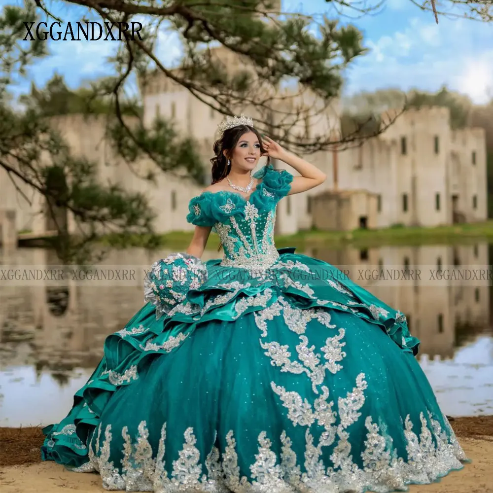 Personalizado bonito verde quinceanera vestidos 2024 ouro lantejoulas apliques camadas mexicanas vestido de baile doce 16 vestido vestidos de 15