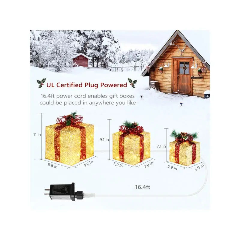 

Набор из 3 золотых подарочных коробок — 10 дюймов, 8 дюймов, 6 дюймов для украшения сада с шнуром питания длиной 5 м, вилкой стандарта США