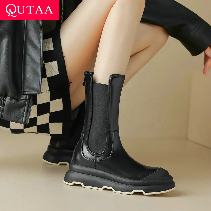 QUTAA 2024 Platforms Women Mid Calf Boots Chelsea Square Med Heel Genuine Leather Round Toe Shoes Woman Size 34-39