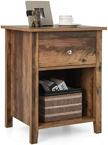 

Nightstand with Drawers and Open , Rustic Vintage Bedside Table w/ 4 Solid Legs, Farmhouse Wood Accent Sofa Side End Table for