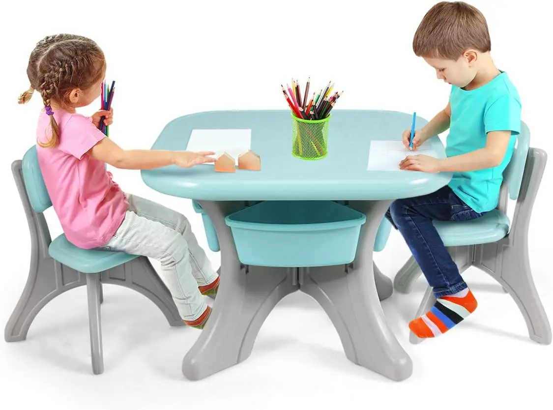 Kids Table & Chair Set, Plastic Activity Table with 2 Chairs & Storage, 3-Piece Toddler Furniture, Green
