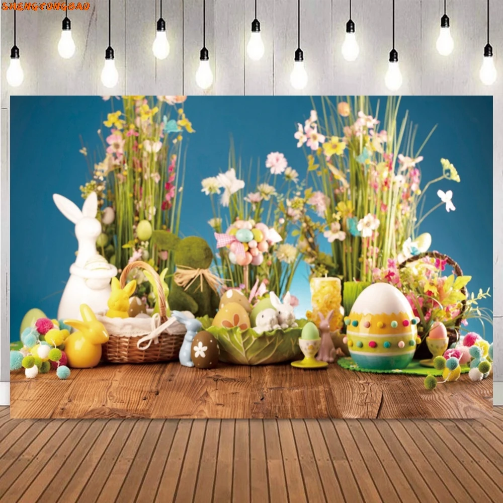 Happy Easter Photography Backdrop Bunny Wooden Board Floor Flower Eggs Rabbit Easter Party Baby Portrait Background Photo Props
